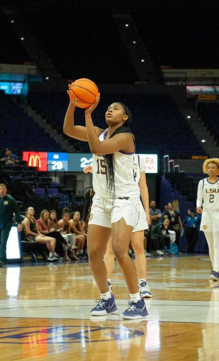 LSU women's basketball forward Alisa Williams shoots a free throw at an exhibition game against Mississippi College on Thursday, Oct. 27, 2022, in the Pete Maravich Assembly Center on N. Stadium Drive.