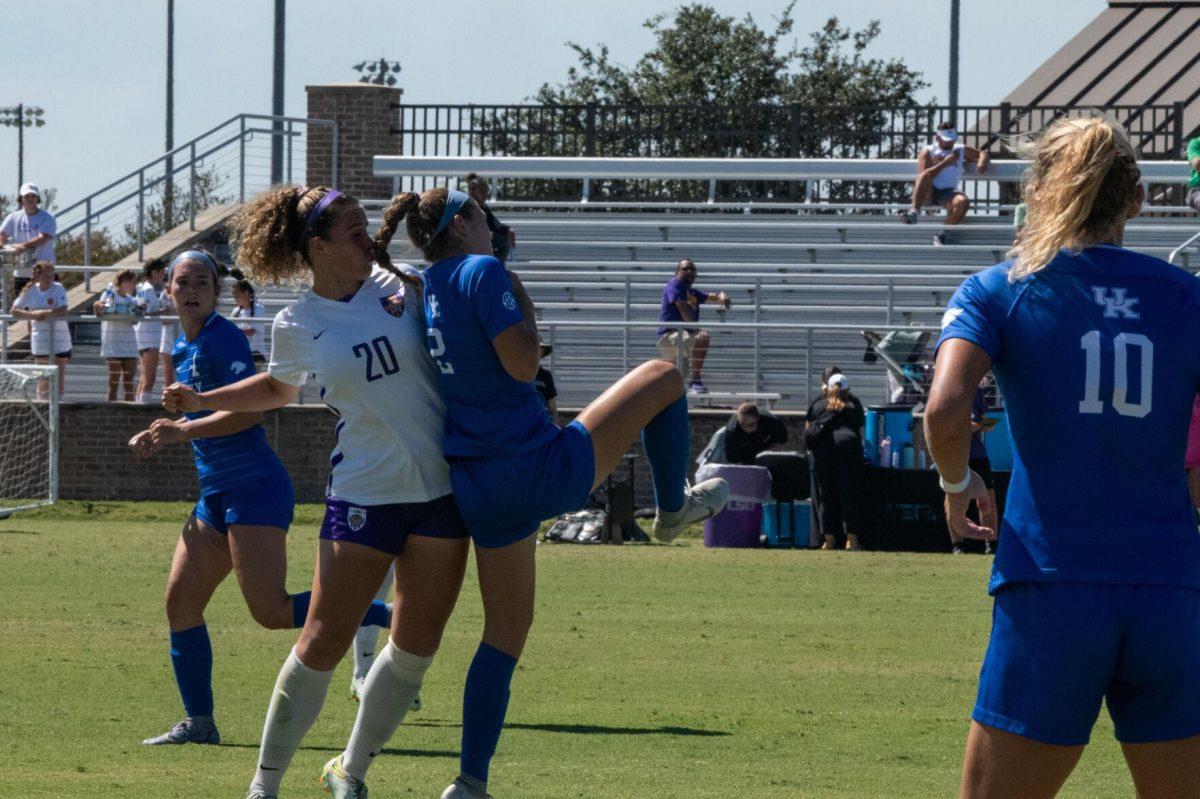 LSU soccer fifth-year senior midfielder Brenna McPartlan (20) fights for possession on Sunday, Oct. 2, 2022, during LSU&#8217;s 3-2 win against University of Kentucky at LSU&#8217;s Soccer Stadium off Nicholson Drive.