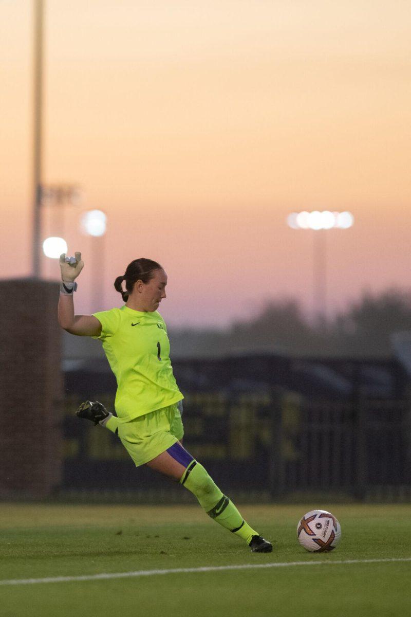 LSU soccer senior goalkeeper Mollee Swift (1) kicks the ball on Thursday, Oct. 27, 2022, during LSU&#8217;s 4-1 victory against Ole Miss at LSU&#8217;s Soccer Stadium off of Nicholson Drive.