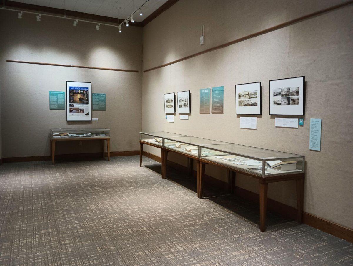 Glassed pictures of flooding and Coastal Wetlands of Louisiana on display in the Hill Memorial Library in Baton Rouge, La.