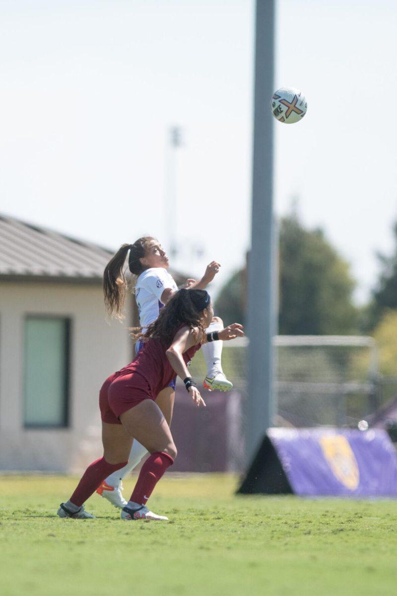 LSU soccer fifth-year senior forward Alesia Garcia (10) jumps up for a header on Sunday, Oct. 9, 2022, during LSU&#8217;s defeat to Alabama 0-5 at LSU&#8217;s Soccer Stadium off Nicholson Drive.