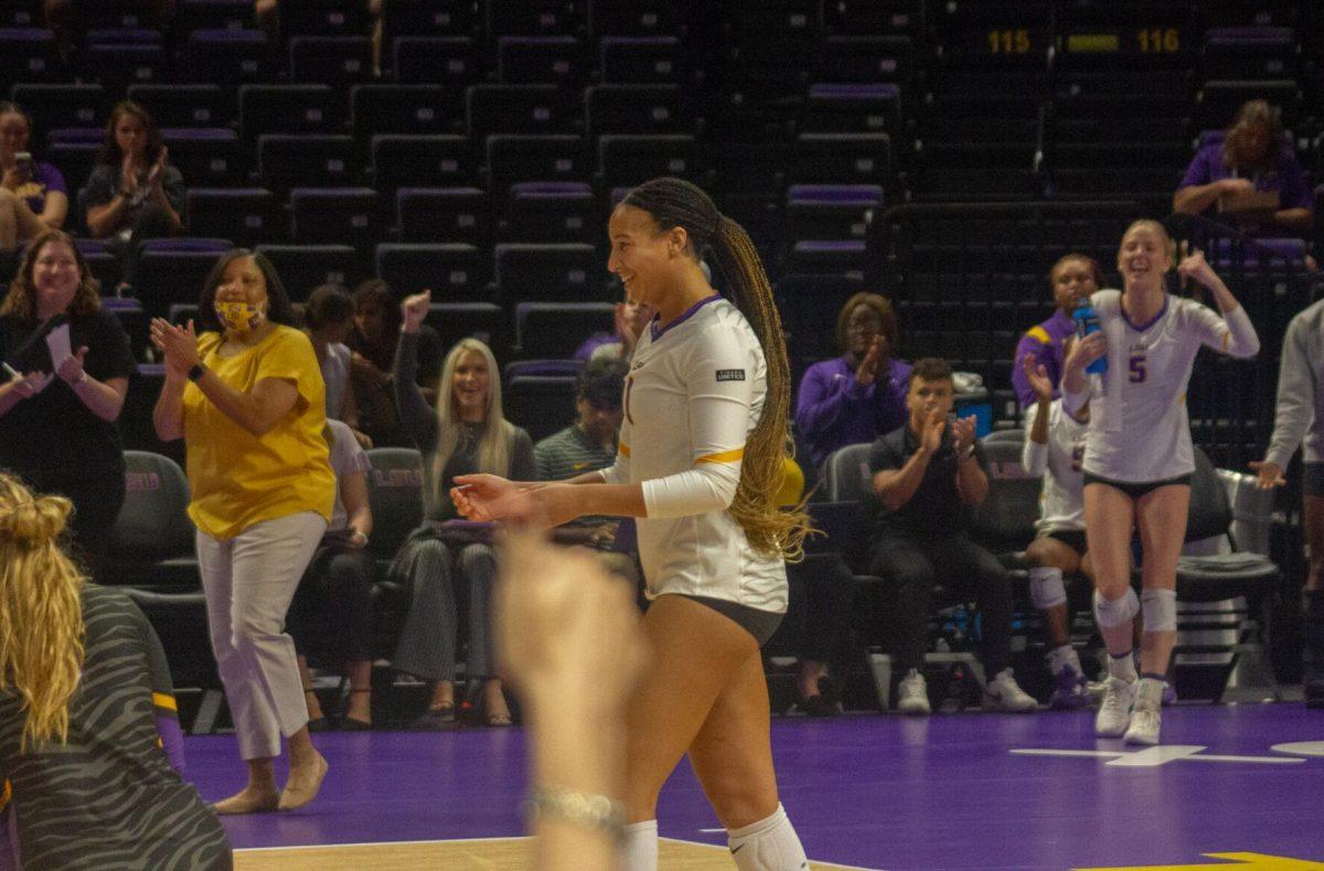 LSU volleyball senior outside hitter Samarah Hill (1) smiles on Friday, Sept. 30, 2022, during their 3-2 victory against Ole Miss at the Pete Maravich Assembly Center in Baton Rouge, La.