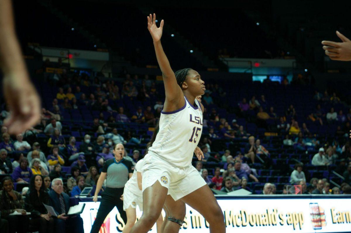 LSU women's basketball freshman forward Alisa Williams (15) stands her ground and waits for a pass during LSU's 111-41 victory over Mississippi Valley State on Friday, Nov. 11, 2022, at the Pete Maravich Assembly Center on N. Stadium Drive.