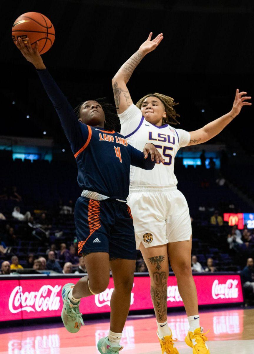 LSU women&#8217;s basketball sophomore guard Kateri Poole (55) guards the ball during LSU&#8217;s 121-46 win in an exhibition game against Langston University on Thursday, Nov. 3, 2022, in the Pete Maravich Assembly Center on N. Stadium Drive in Baton Rouge, La.