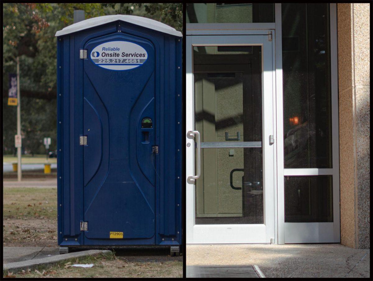 A porta potty near the LSU Law Center forms the other half of the double doors leading into the Student Union on Highland Road in Baton Rouge, La.