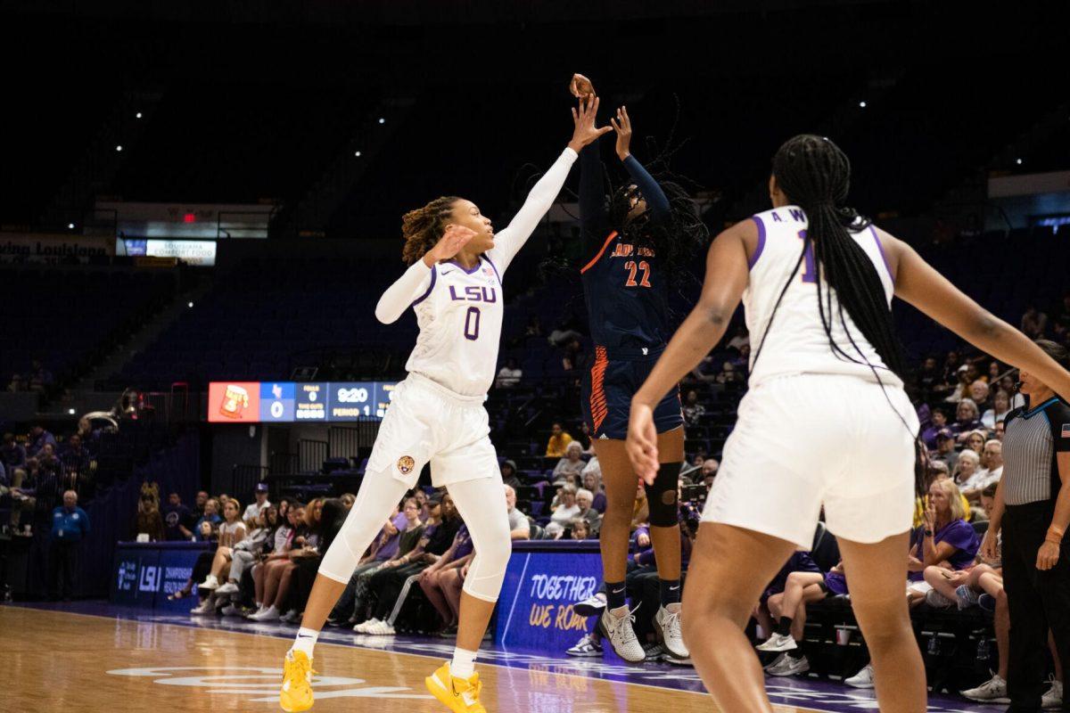 LSU women&#8217;s basketball LaDazhia Williams (0) guards the ball during LSU&#8217;s 121-46 win in an exhibition game against Langston University on Thursday, Nov. 3, 2022, in the Pete Maravich Assembly Center on N. Stadium Drive in Baton Rouge, La.