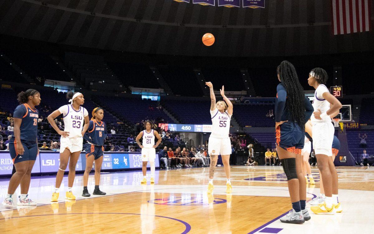 LSU women&#8217;s basketball sophomore guard Kateri Poole (55) shoots a free throw during LSU&#8217;s 121-46 win in an exhibition game against Langston University on Thursday, Nov. 3, 2022, in the Pete Maravich Assembly Center on N. Stadium Drive in Baton Rouge, La.