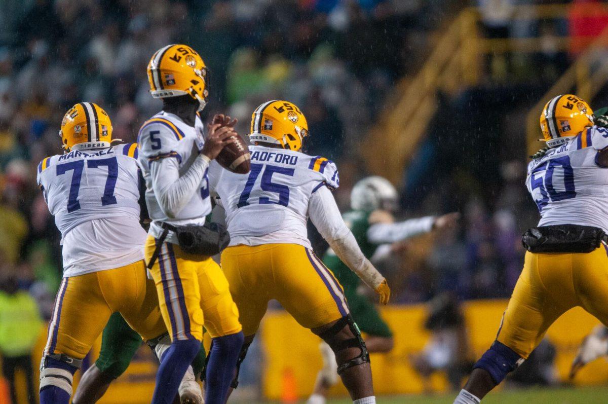 LSU football junior quarterback Jayden Daniels (5) gets ready to throw the ball on Saturday, Nov. 19, 2022, during the LSU vs UAB game inside Tiger Stadium in Baton Rouge, La.