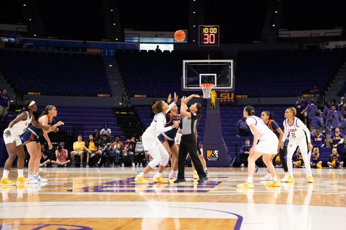 LSU women&#8217;s basketball LaDazhia Williams (0) jumps for the ball during LSU&#8217;s 121-46 win in an exhibition game against Langston University on Thursday, Nov. 3, 2022, in the Pete Maravich Assembly Center on N. Stadium Drive in Baton Rouge, La.