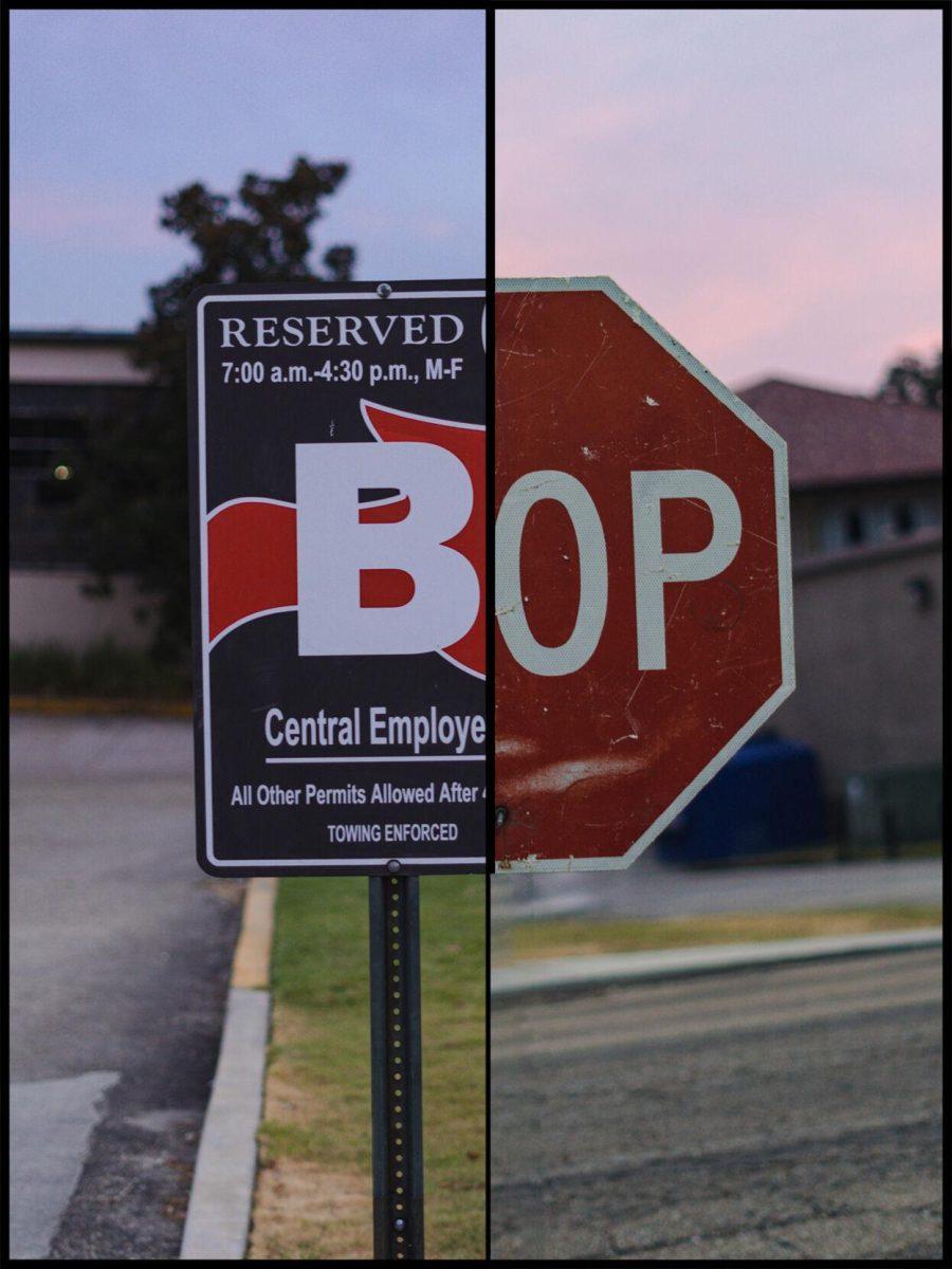 Two signs on South Stadium Drive come together to spell &#8220;BOP&#8221; in Baton Rouge, La.