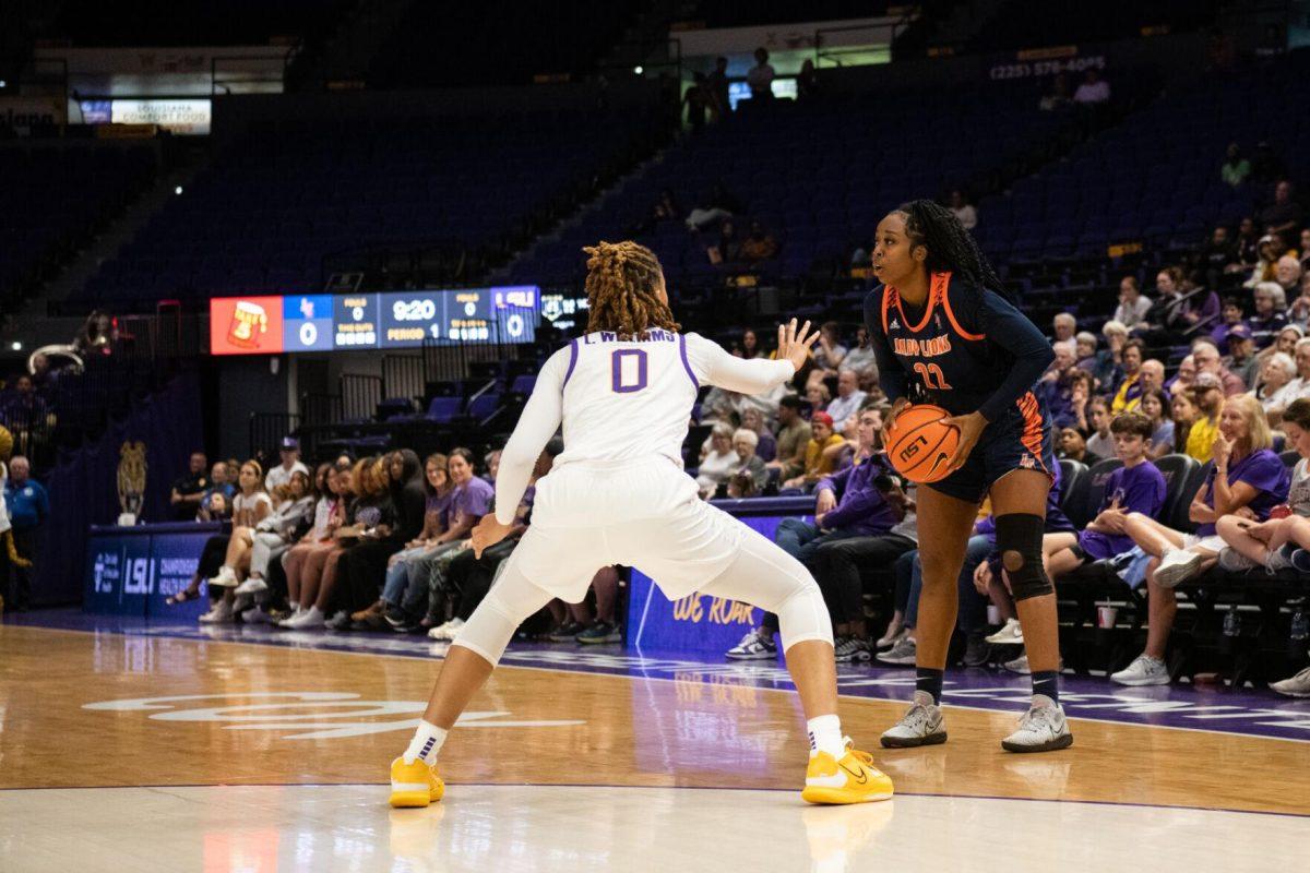 LSU women&#8217;s basketball LaDazhia Williams (0) guards the ball during LSU&#8217;s 121-46 win in an exhibition game against Langston University on Thursday, Nov. 3, 2022, in the Pete Maravich Assembly Center on N. Stadium Drive in Baton Rouge, La.