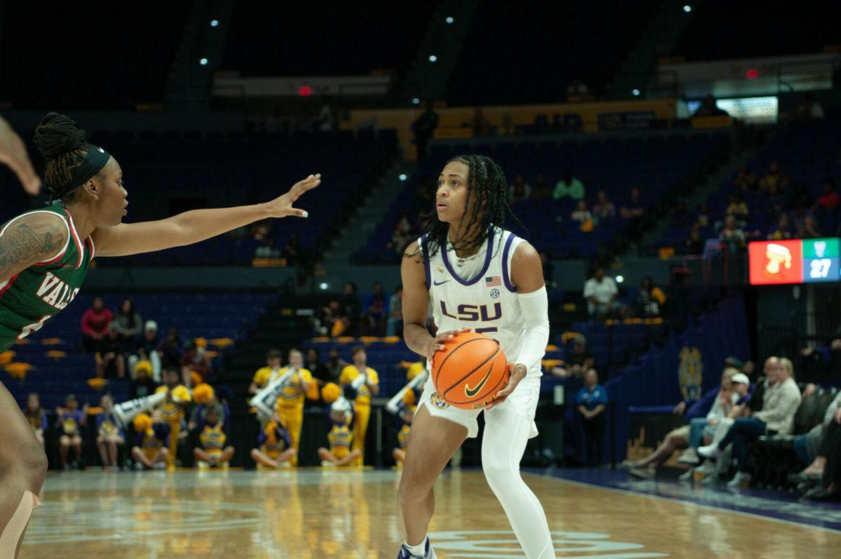 LSU women's basketball fifth-year senior guard Alexis Morris (45) looks to the goal before shooting during LSU's 111-41 victory over Mississippi Valley State on Friday, Nov. 11, 2022, at the Pete Maravich Assembly Center on N. Stadium Drive.