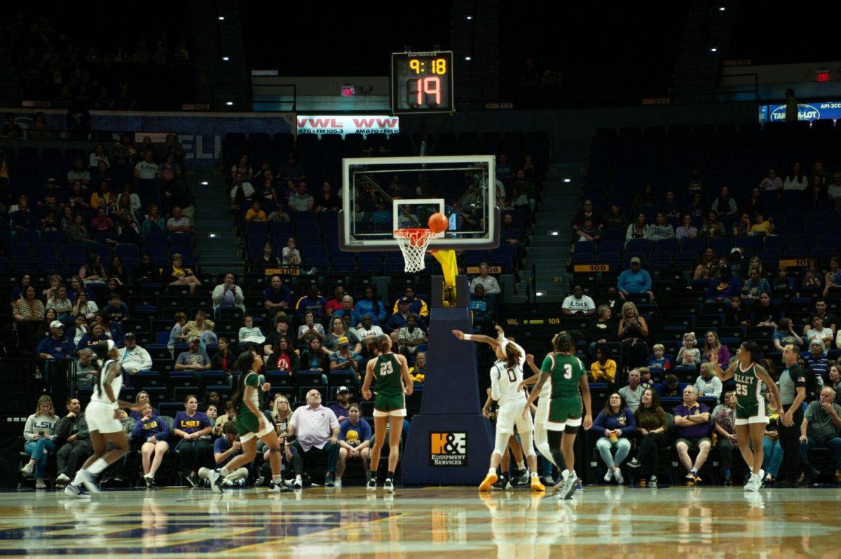 Players from both teams anticipate where the ball goes next during the LSU women's 111-41 victory over Mississippi Valley State on Friday, Nov. 11, 2022, at the Pete Maravich Assembly Center on N. Stadium Drive.