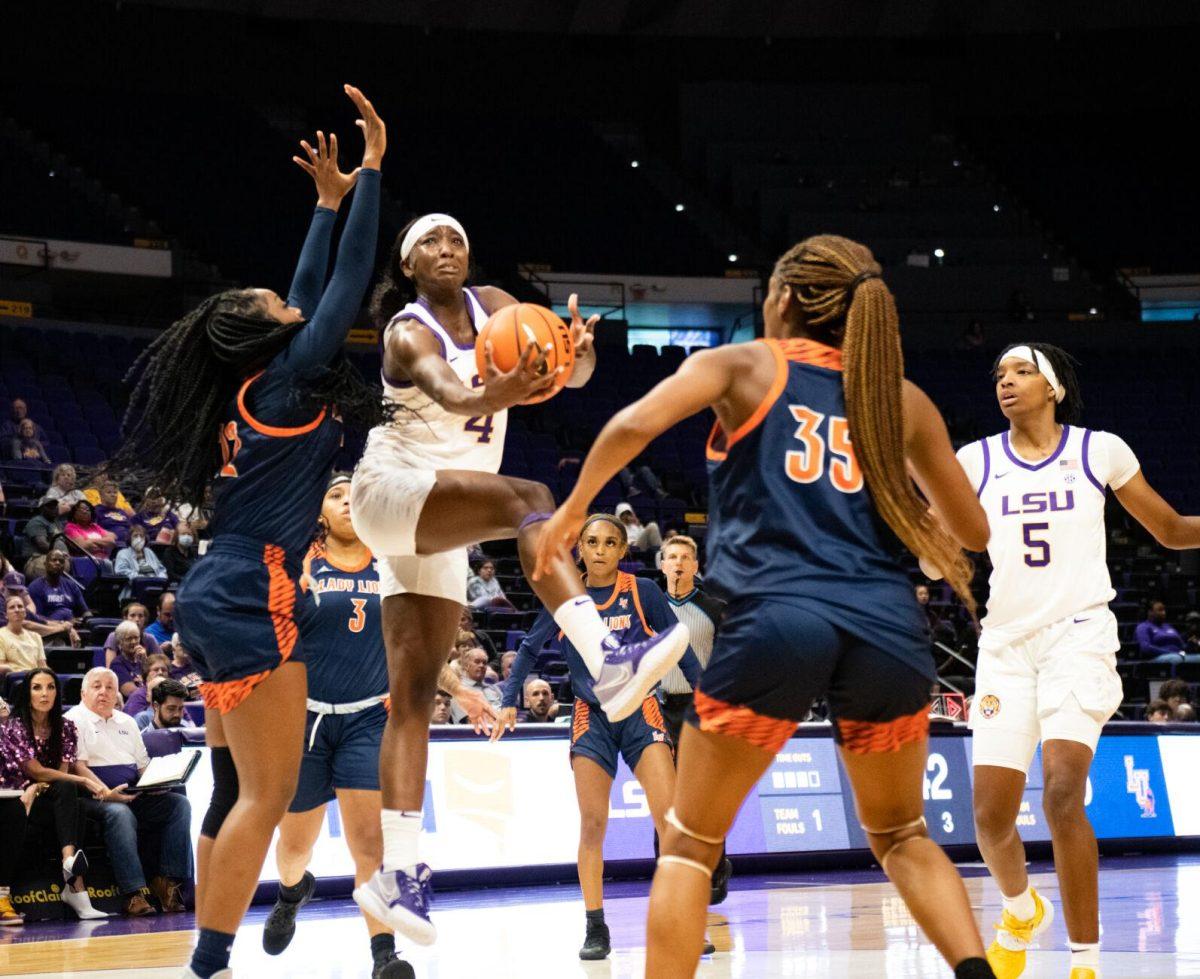 LSU women&#8217;s basketball freshman guard Flau&#8217;jae Johnson (4) looks to make a shot during LSU&#8217;s 121-46 win in an exhibition game against Langston University on Thursday, Nov. 3, 2022, in the Pete Maravich Assembly Center on N. Stadium Drive in Baton Rouge, La.