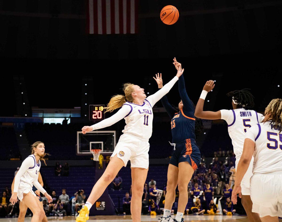 LSU women&#8217;s basketball senior forward Emily Ward (11) guards the ball during LSU&#8217;s 121-46 win in an exhibition game against Langston University on Thursday, Nov. 3, 2022, in the Pete Maravich Assembly Center on N. Stadium Drive in Baton Rouge, La.