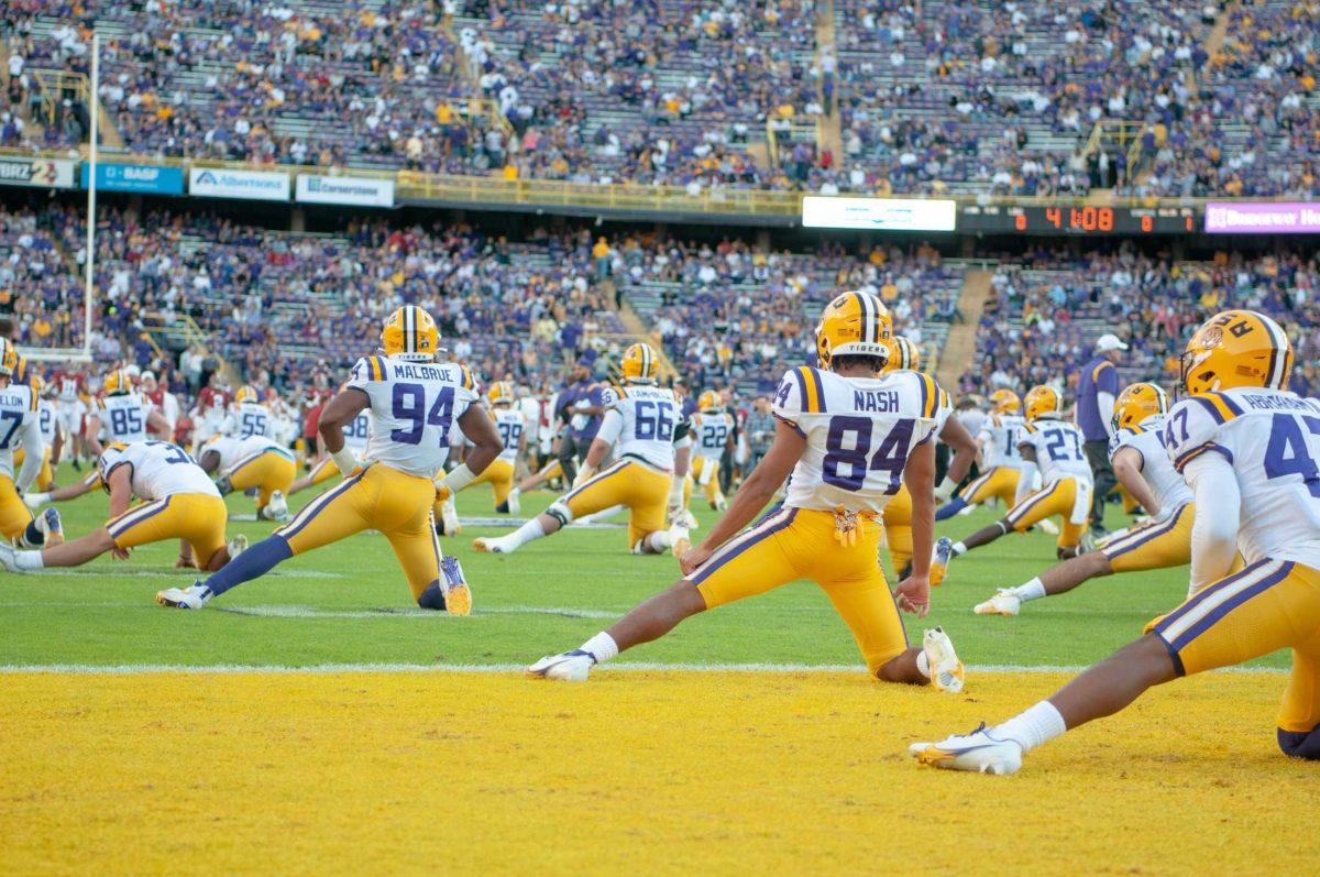 LSU football players warm up on Saturday, Nov. 5, 2022, before LSU&#8217;s 32-31 victory over Alabama in Tiger Stadium in Baton Rouge, La.