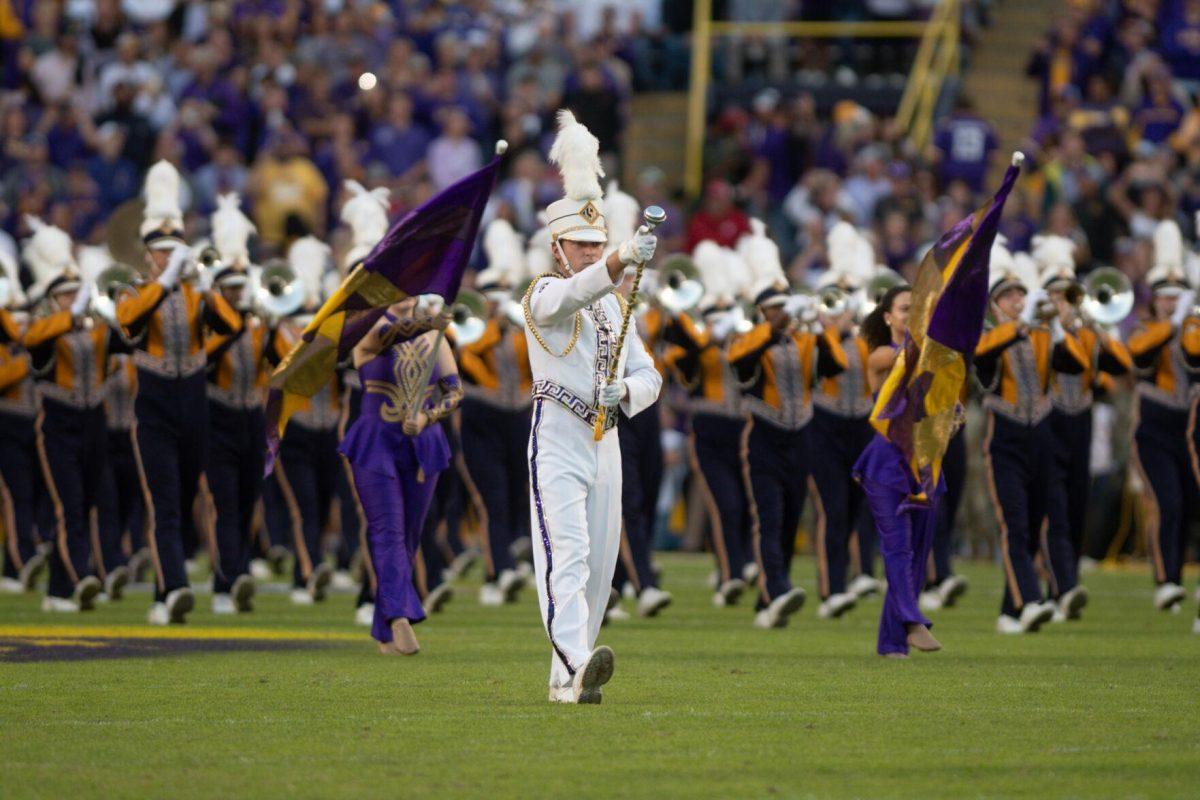 The Golden Band from Tigerland marches down the field before the start of the game on Saturday, Nov. 5, 2022, during LSU&#8217;s 32-31 victory over Alabama in Tiger Stadium in Baton Rouge, La.