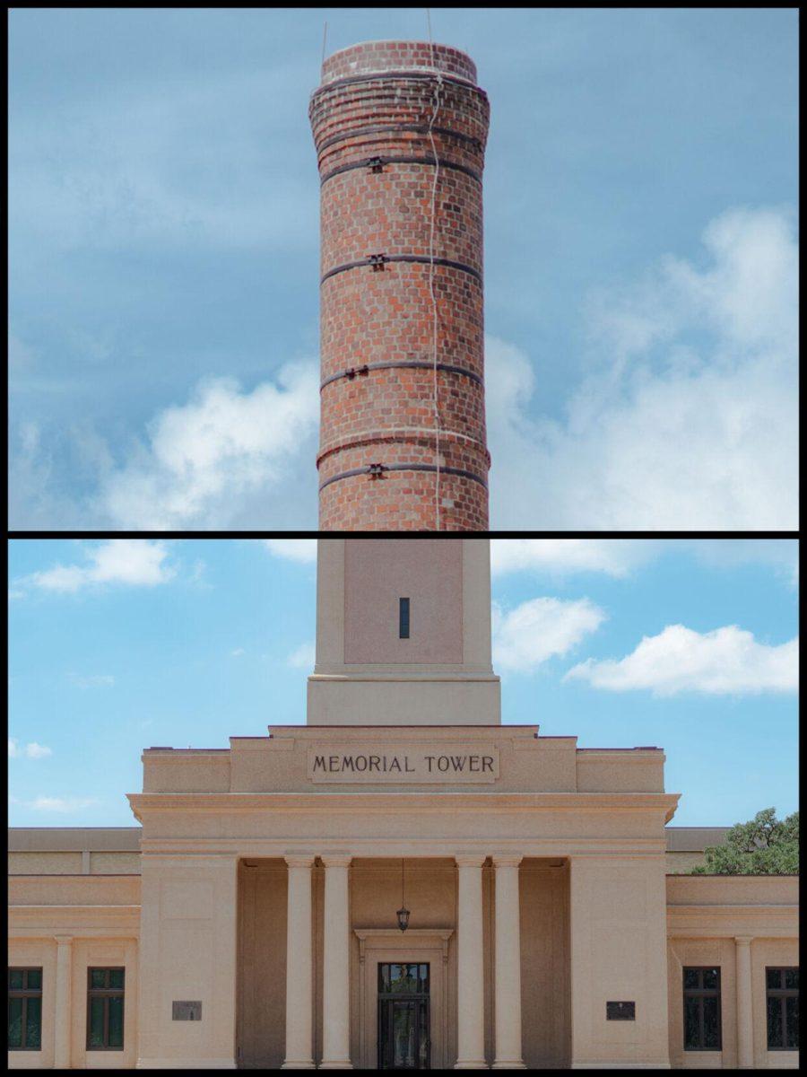 A smoke stack on South Stadium Drive extends from Memorial Tower on Tower Drive in Baton Rouge, La.