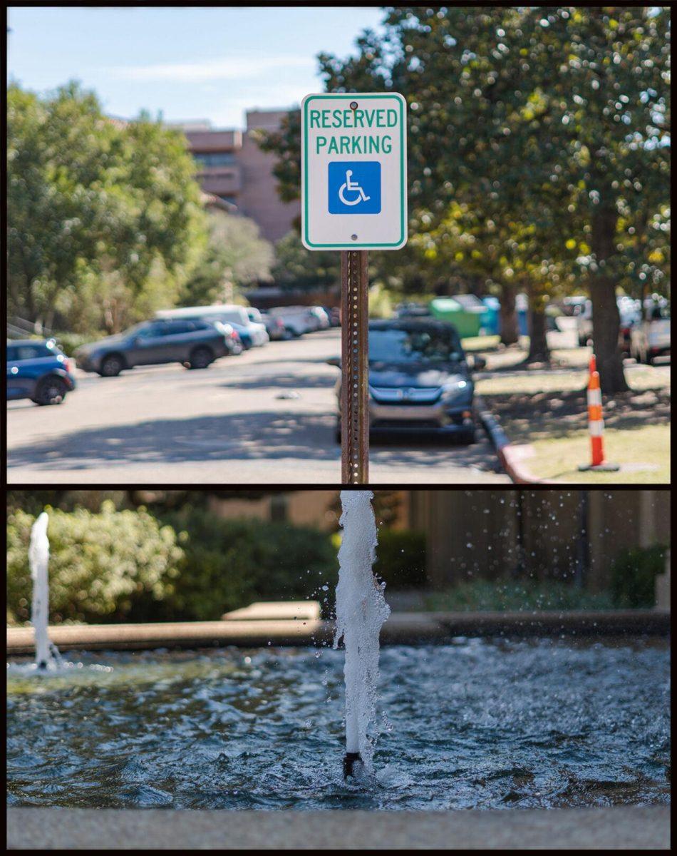 A jet of water from the Dodson Fountain in the LSU Quad forms the new base of a handicap parking sign near Allen Hall on Field House Drive in Baton Rouge, La.