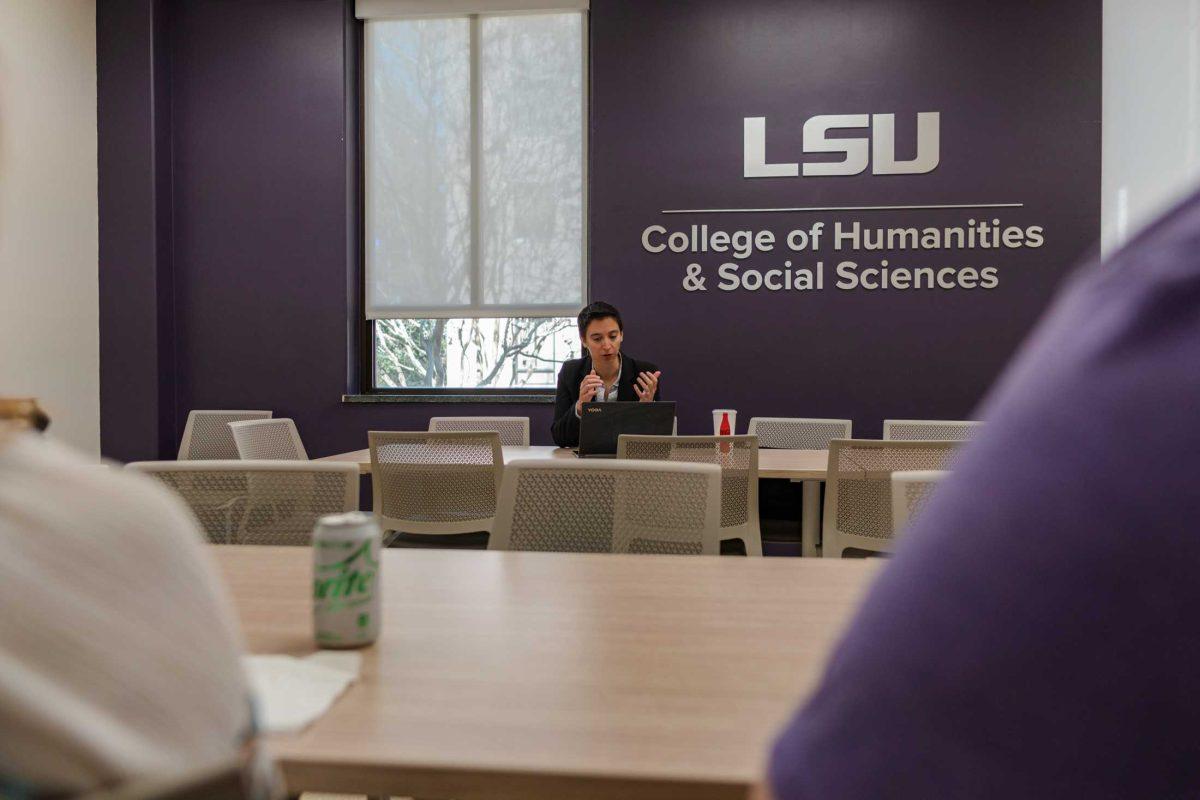 LSU Associate Professor of English Chris Barrett speaks with those in attendance on Friday, Oct. 21, 2022, at the Humanities and Social Sciences strategic meeting inside Hodges Hall on Field House Drive in Baton Rouge, La.