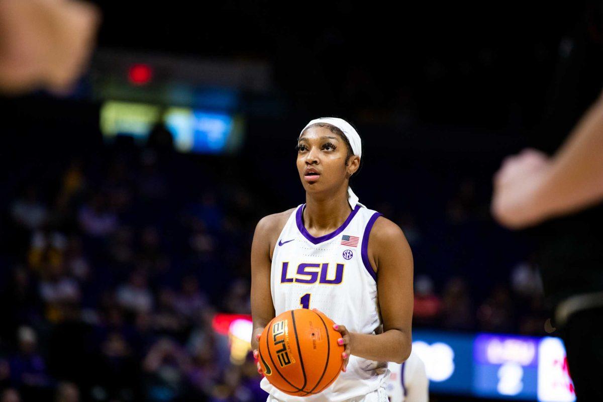 LSU women&#8217;s basketball sophomore forward Angel Reese (1) prepares to shoot free throws Monday, Nov. 07, 2022, during LSU women's basketball 125-50 win against Bellarmine in the Pete Maravich Assembly Center on North Stadium Drive in Baton Rouge, La.