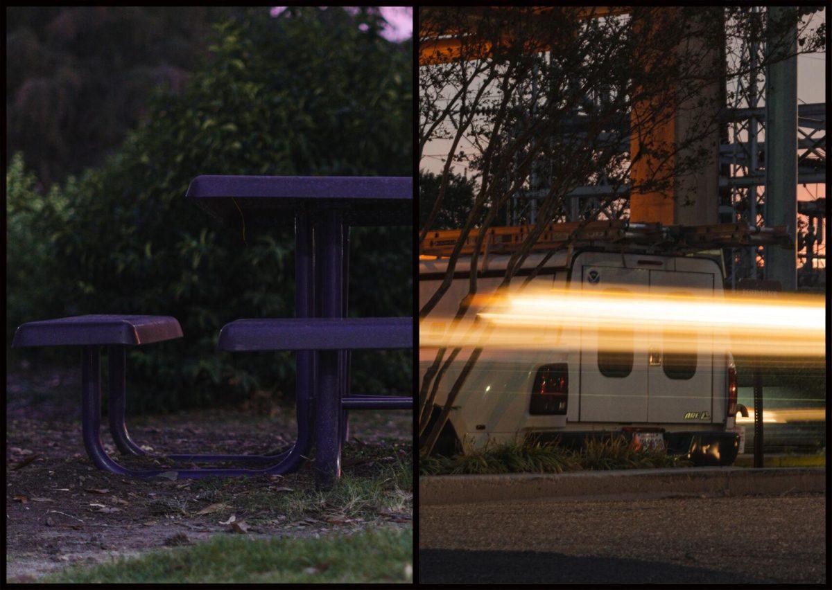 A light trail on South Stadium Drive forms the missing half of a bench seat also on South Stadium Drive in Baton Rouge, La.