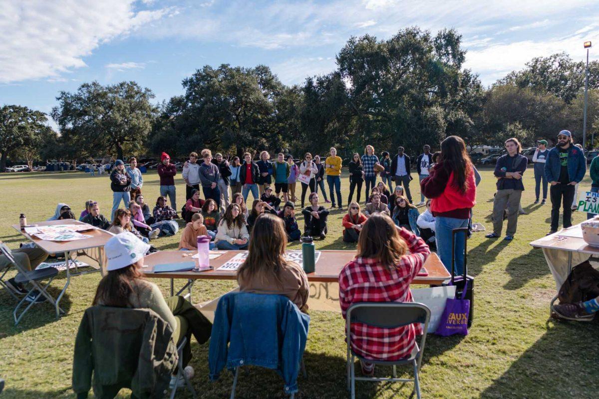 A crowd congregates on Friday, Nov. 18, 2022, on the LSU Parade Ground before the march begins.