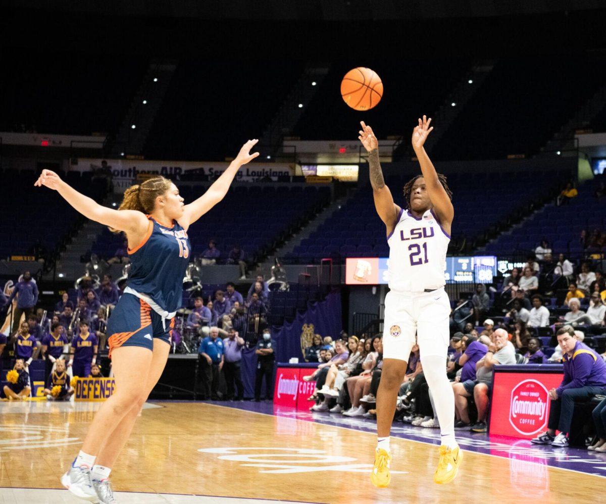 LSU women&#8217;s basketball sophomore guard Timia Ware (21) takes a shot during LSU&#8217;s 121-46 win in an exhibition game against Langston University on Thursday, Nov. 3, 2022, in the Pete Maravich Assembly Center on N. Stadium Drive in Baton Rouge, La.