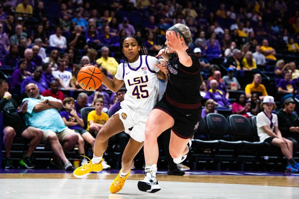 LSU women&#8217;s basketball 5th-year senior guard Alexis Morris (45) fights to get past a Bellarmine defender Monday, Nov. 07, 2022, during LSU women's basketball 125-50 win against Bellarmine in the Pete Maravich Assembly Center on North Stadium Drive in Baton Rouge, La.