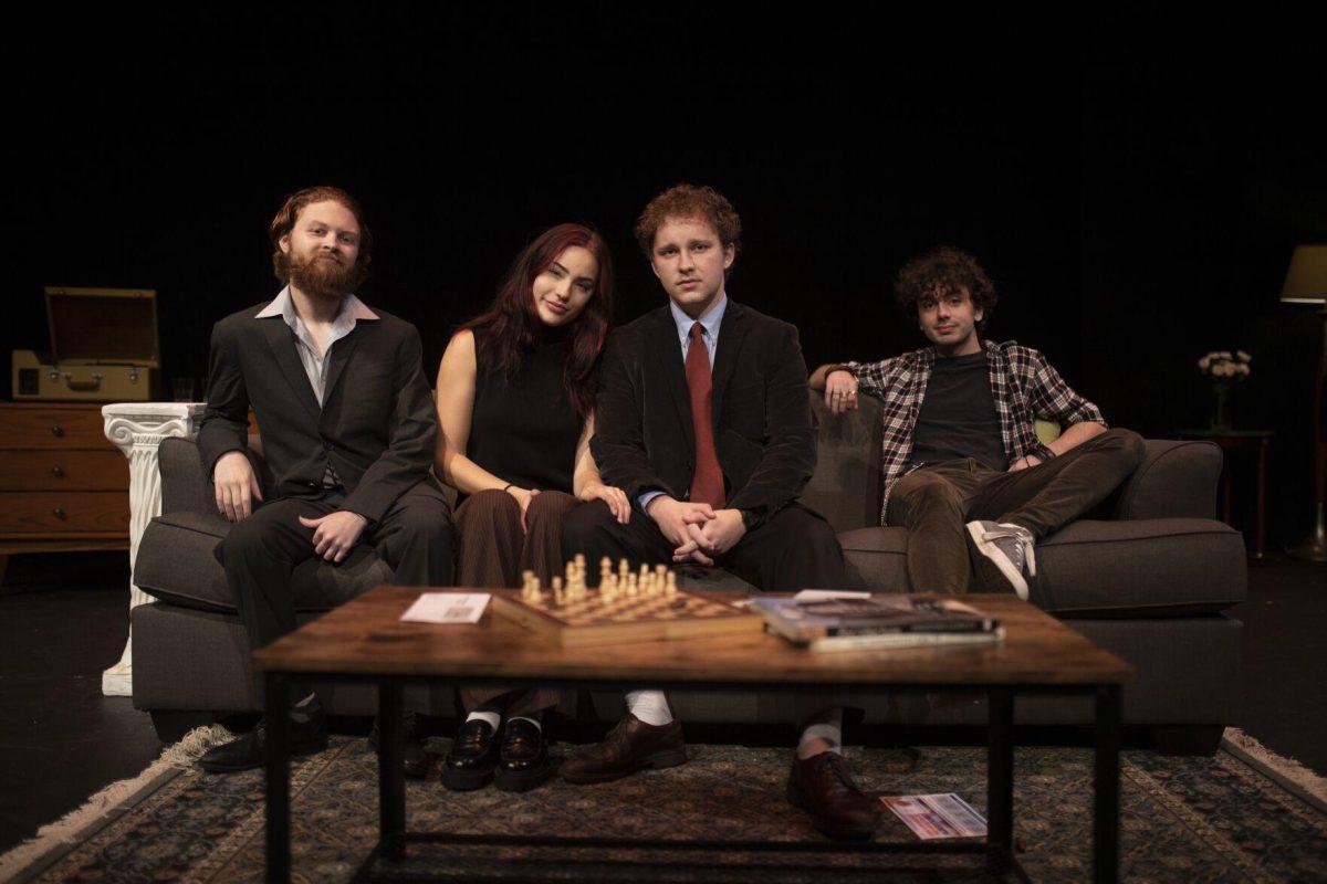 The cast of "The Goat, or Who is Sylvia?" poses for a photo. From left to right: Adam Gothreaux as Ross; Sarah Short as Stevie; Ansel Wilder as Martin; and Eric Rhode as Billy.&#160;