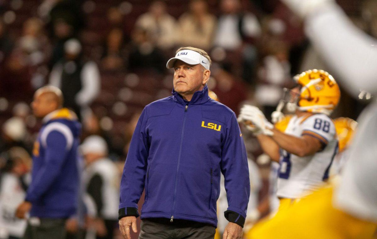 LSU football head coach Brian Kelly looks into the stands on Saturday, Nov. 26, 2022, before LSU's 23-38 loss against Texas A&amp;M at Kyle Field.