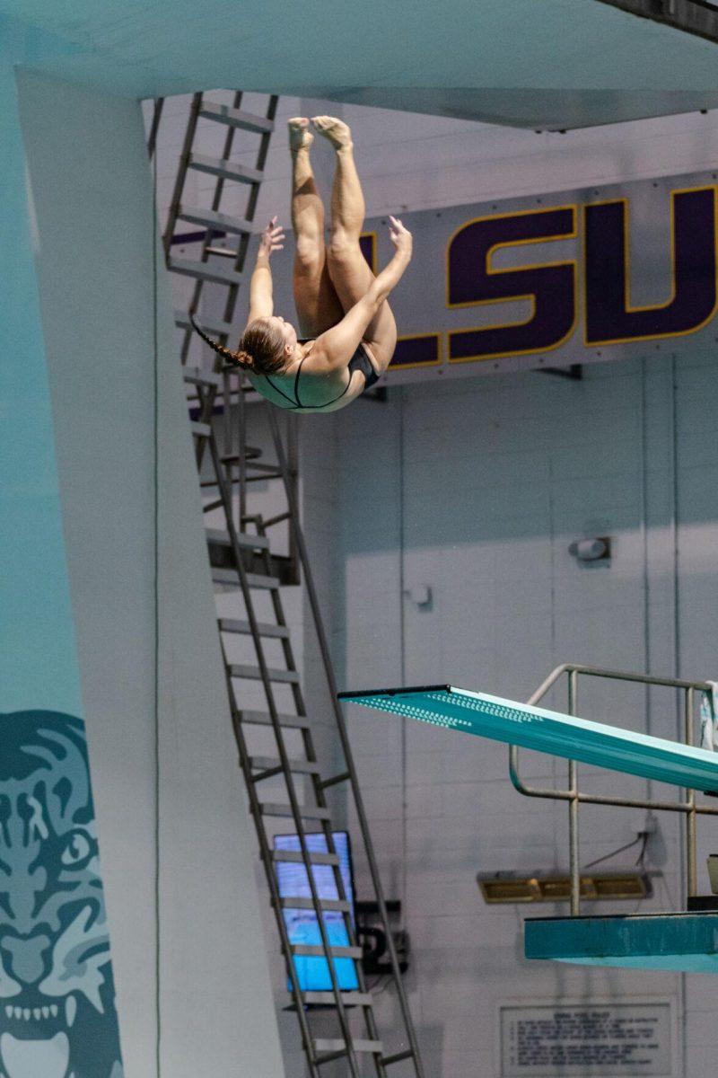 LSU diving sophomore Chiara Pellacani tumbles through the air on Friday, Nov. 4, 2022, during LSU&#8217;s win over Alabama at the LSU natatorium in Baton Rouge, La.