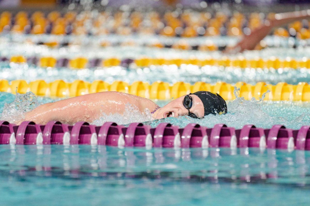 LSU swimming individual medley/freestyle senior Jolee Liles breathes on Friday, Nov. 4, 2022, during the LSU women&#8217;s 118-182 loss to Alabama at the LSU natatorium in Baton Rouge, La.