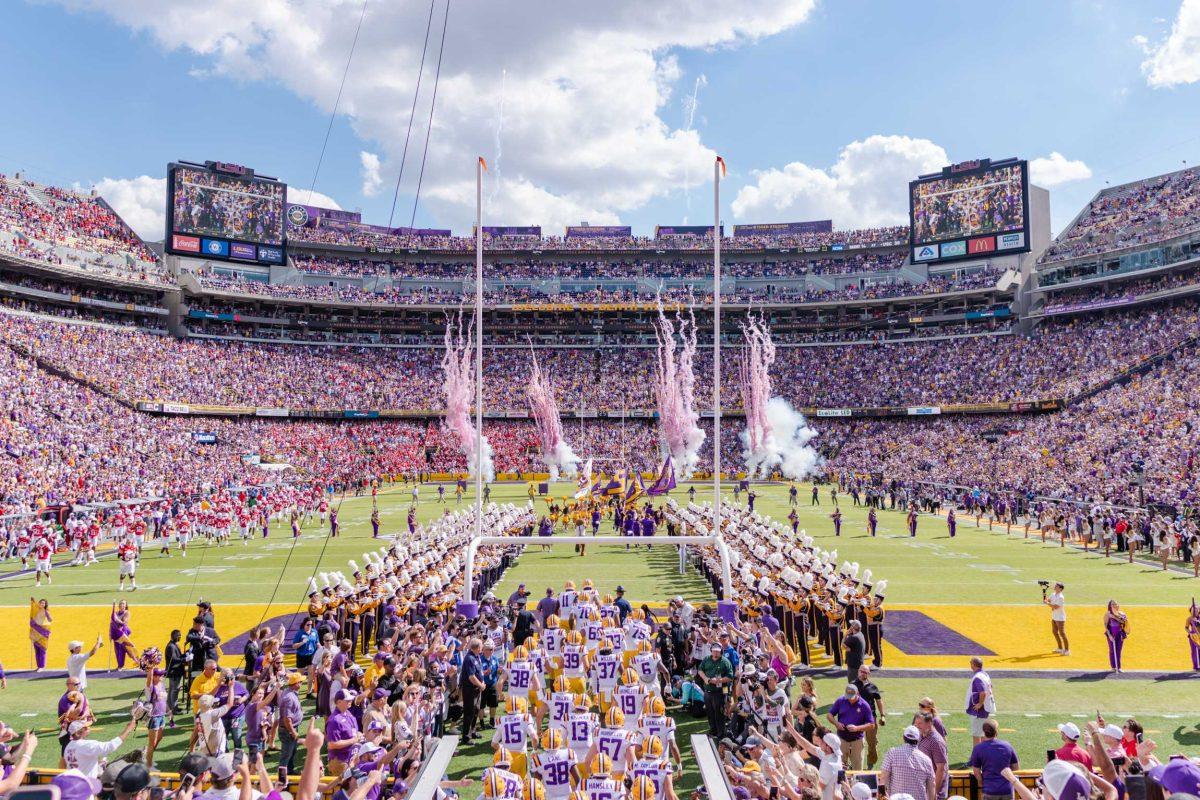 The LSU football team takes the field on Saturday, Oct. 22, 2022, prior to LSU&#8217;s 45-20 victory over Ole Miss in Tiger Stadium in Baton Rouge, La.