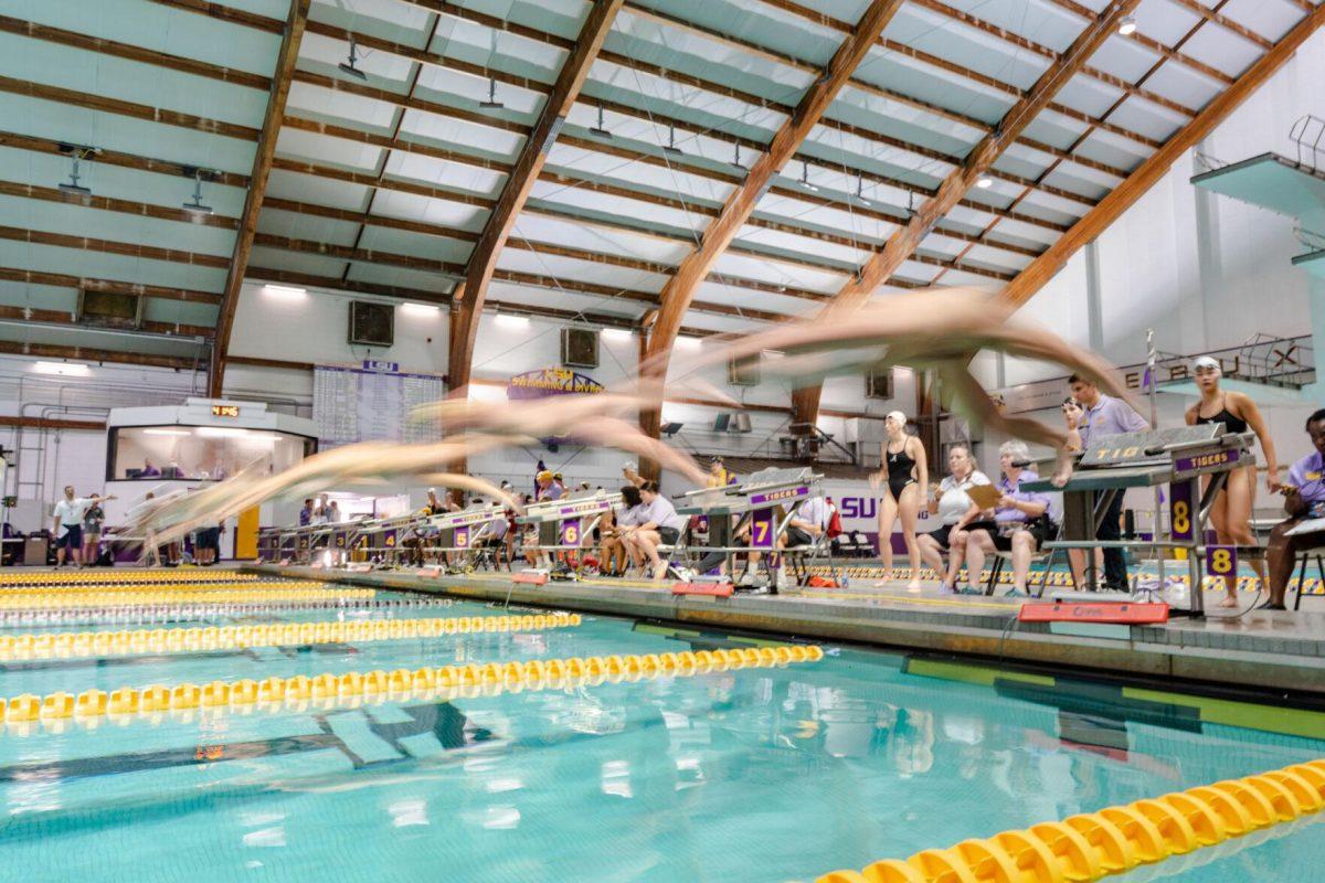 Swimmers dive into the pool on Friday, Nov. 4, 2022, during the LSU men&#8217;s 139-155 loss to Alabama at the LSU natatorium in Baton Rouge, La.