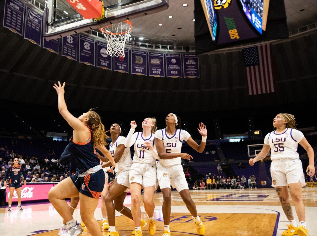 LSU women&#8217;s basketball forwards Emily Ward (11) and Sa&#8217;Myah Smith (5) wait for a rebound during LSU&#8217;s 121-46 win in an exhibition game against Langston University on Thursday, Nov. 3, 2022, in the Pete Maravich Assembly Center on N. Stadium Drive in Baton Rouge, La.