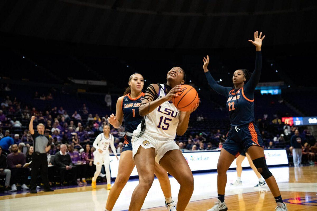 LSU women&#8217;s basketball freshman forward Alisa Williams (15) looks to make a shot during LSU&#8217;s 121-46 win in an exhibition game against Langston University on Thursday, Nov. 3, 2022, in the Pete Maravich Assembly Center on N. Stadium Drive in Baton Rouge, La.