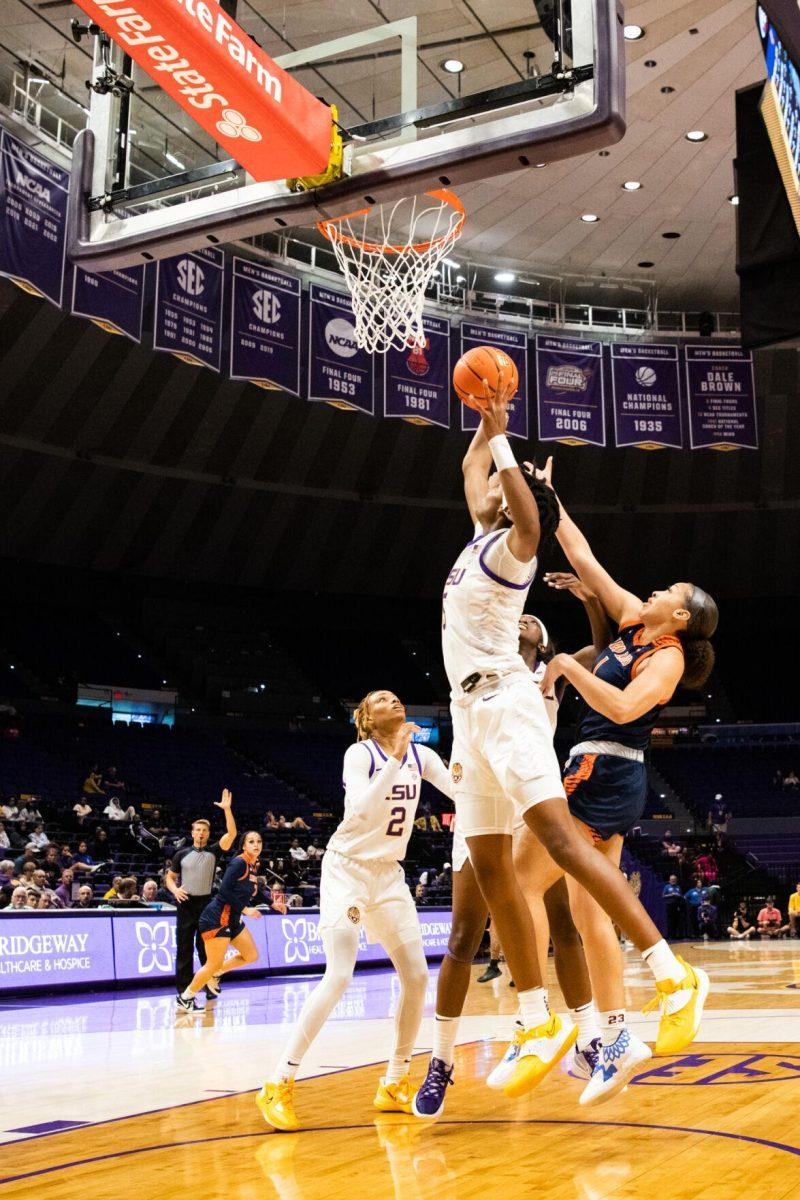 LSU women&#8217;s basketball freshman forward Sa&#8217;Myah Smith (5) grabs the rebound during LSU&#8217;s 121-46 win in an exhibition game against Langston University on Thursday, Nov. 3, 2022, in the Pete Maravich Assembly Center on N. Stadium Drive in Baton Rouge, La.