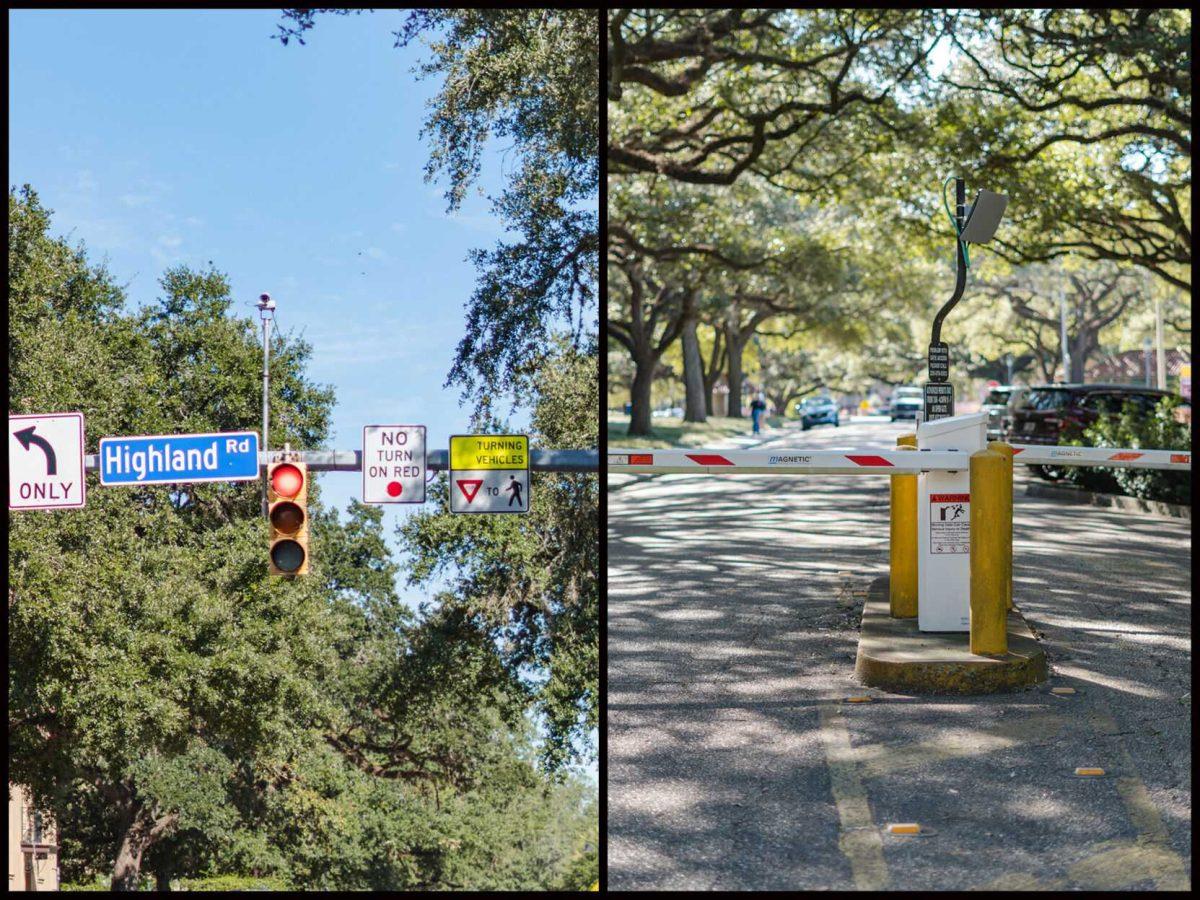 A streetlight arm on Highland Road seems to extend from a road barricade on South Campus Drive in Baton Rouge, La.