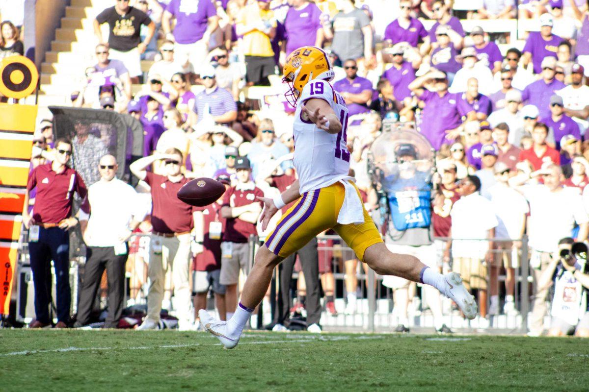 LSU football senior punter Jay Bramblett punts the ball away Saturday, Sept. 17, 2022 during LSU&#8217;s 31-16 win against Mississippi State at Tiger Stadium in Baton Rouge, La.