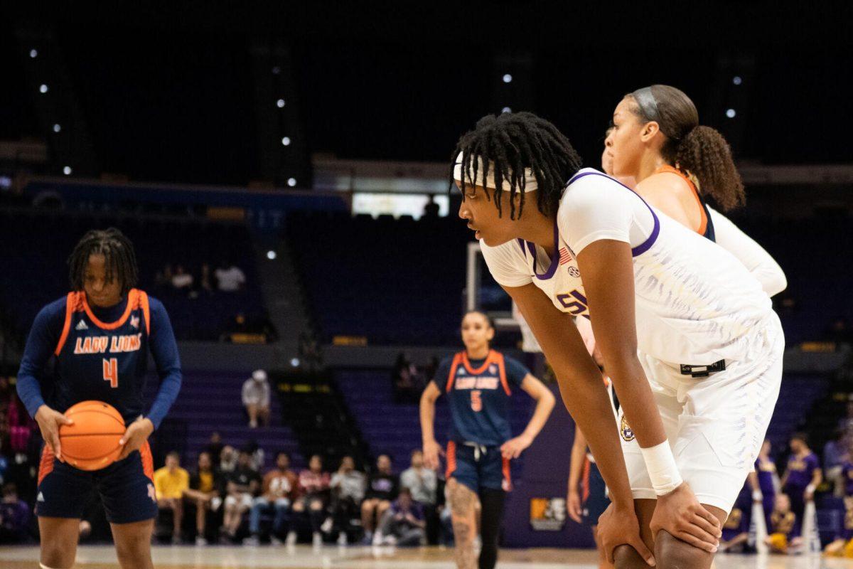 LSU women&#8217;s basketball freshman forward Sa&#8217;Myah Smith (5) catches her breath during a free throw during LSU&#8217;s 121-46 win in an exhibition game against Langston University on Thursday, Nov. 3, 2022, in the Pete Maravich Assembly Center on N. Stadium Drive in Baton Rouge, La.