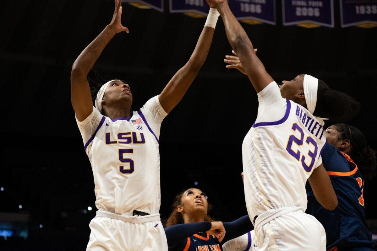 LSU women&#8217;s basketball forwards Sa&#8217;Myah Smith (5) and Amani Bartlett (23) jump up for a rebound during LSU&#8217;s 121-46 win in an exhibition game against Langston University on Thursday, Nov. 3, 2022, in the Pete Maravich Assembly Center on N. Stadium Drive in Baton Rouge, La.