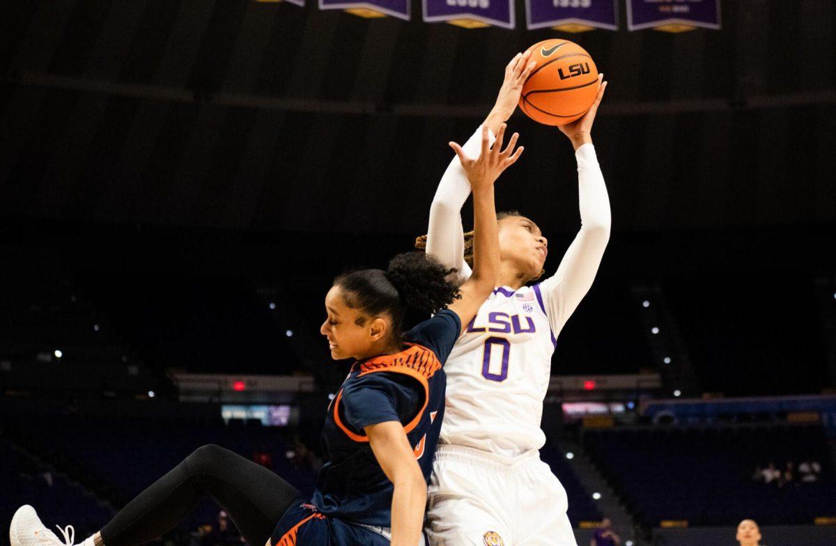 LSU women&#8217;s basketball graduate student forward LaDazhia Williams (0) jumps up with the ball during LSU&#8217;s 121-46 win in an exhibition game against Langston University on Thursday, Nov. 3, 2022, in the Pete Maravich Assembly Center on N. Stadium Drive in Baton Rouge, La.