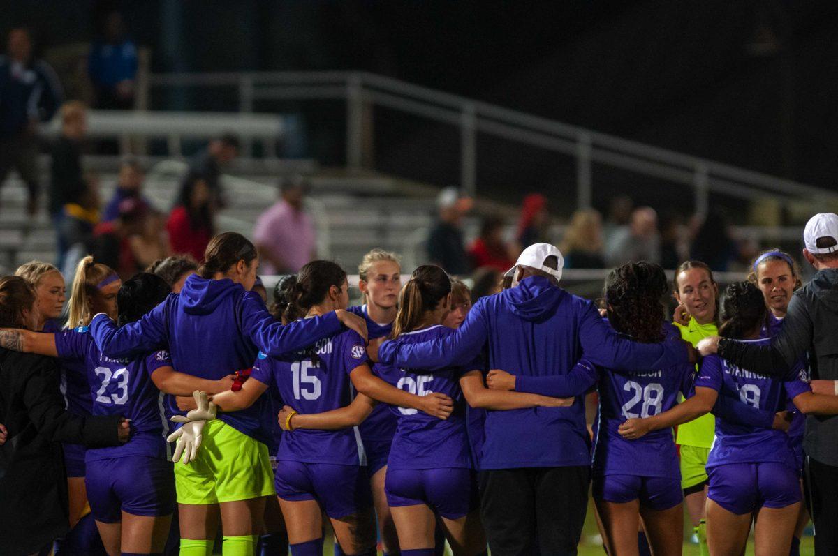 The LSU soccer team huddles up Friday, Nov. 11, 2022, after LSU&#8217;s 3-1 first round Championship tournament victory at the LSU Soccer Stadium in Baton Rouge, La.