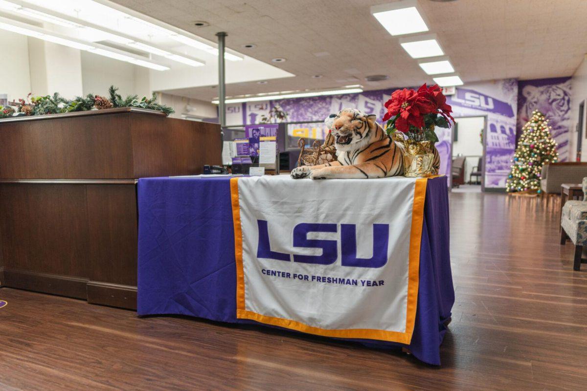 A plush tiger sits atop a table on Tuesday, Nov. 22, 2022, inside the Center for Freshman Year in Allen Hall on LSU&#8217;s campus.