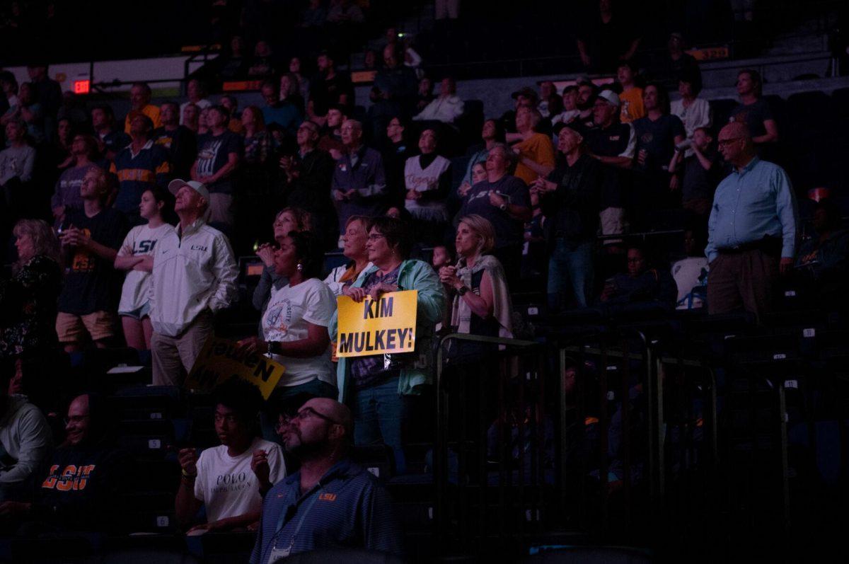 A fan proudly holds her sign that reads "Kim Mulkey!" while the starting five are introduced at LSU women's basketball 111-41 victory over Mississippi Valley State on Friday, Nov. 11, 2022, at the Pete Maravich Assembly Center on N. Stadium Drive.