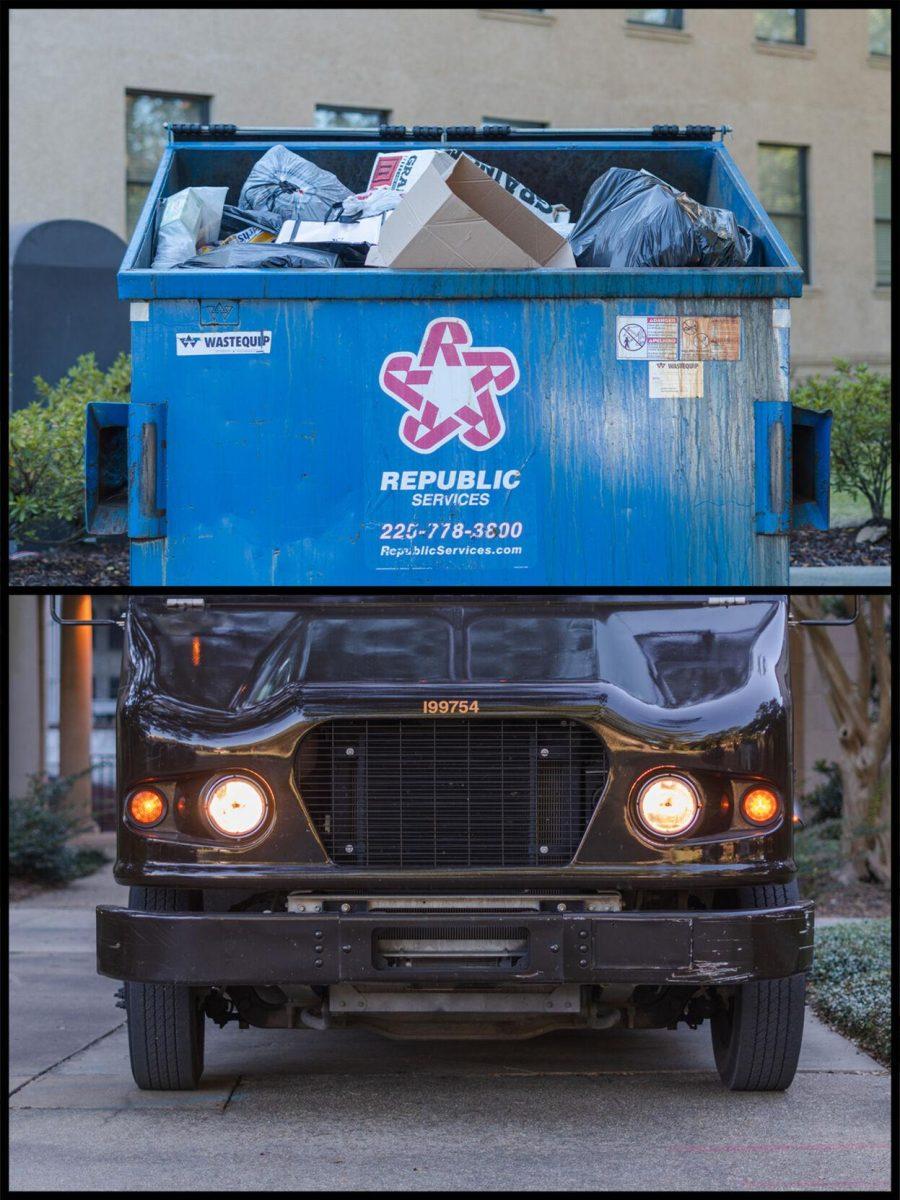 A dumpster on East Campus Drive replaces the top of a UPS truck on Field House Drive in Baton Rouge, La.