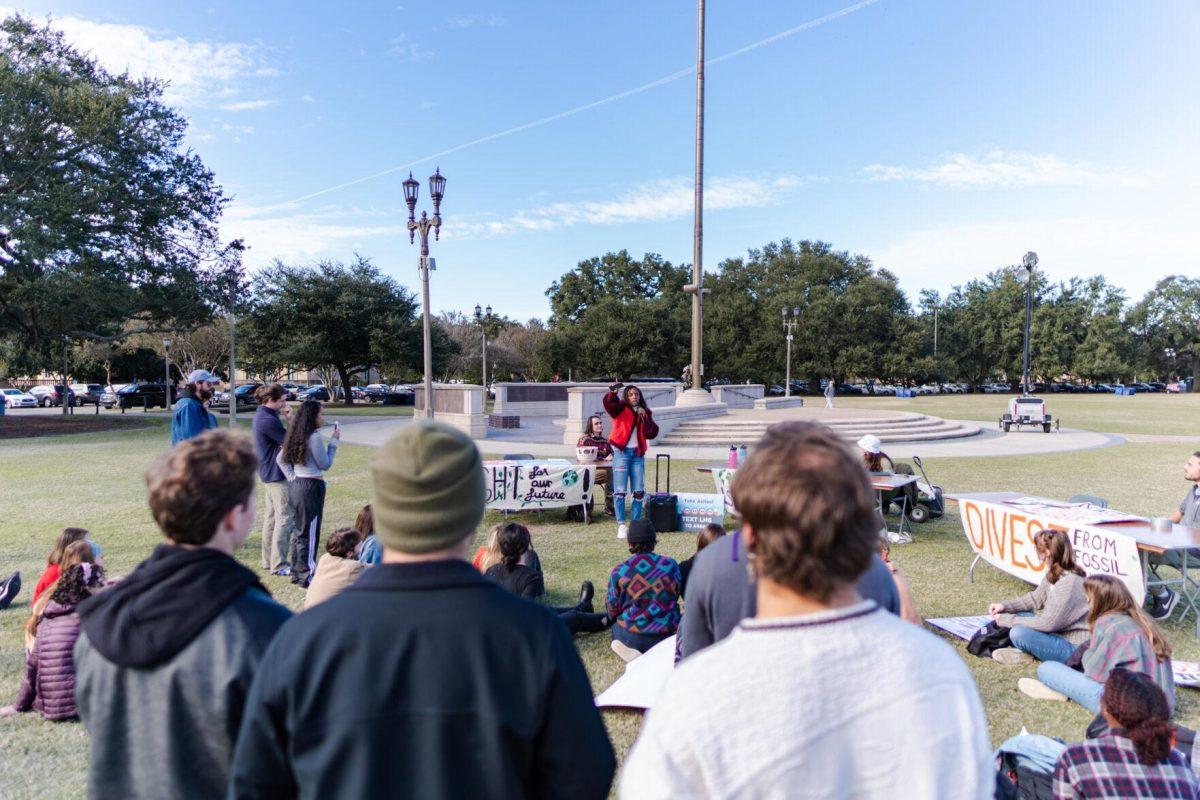 Jayda Jeffery speaks to the crowd on Friday, Nov. 18, 2022, on the LSU Parade Ground before the march begins.