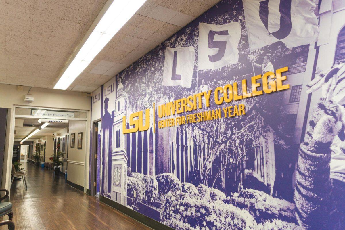 Large lettering denotes the University College on Tuesday, Nov. 22, 2022, inside Allen Hall on LSU&#8217;s campus.