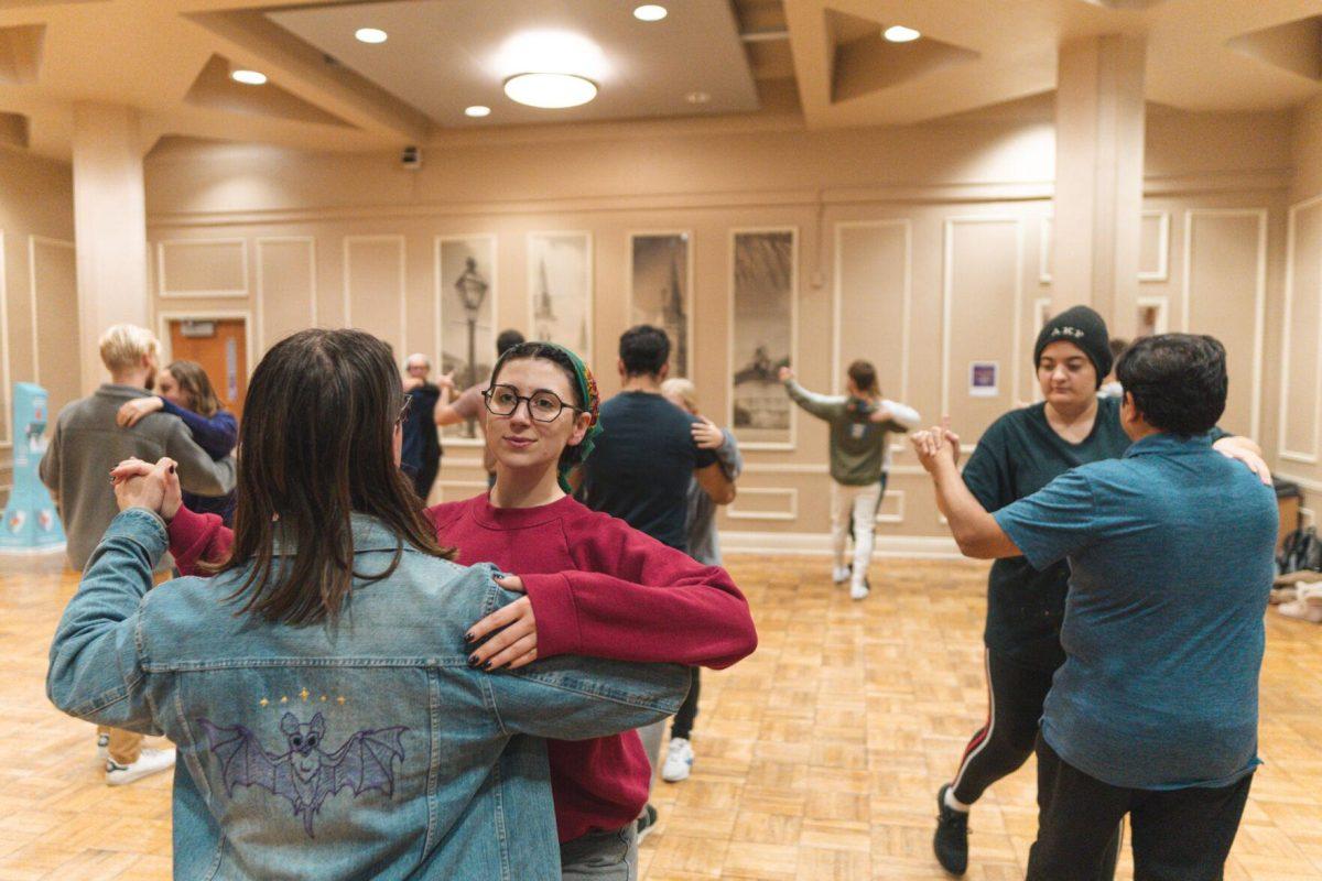 Dancers practice a portion of the foxtrot on Tuesday, Nov. 15, 2022, inside the LSU Student Union in Baton Rouge, La.